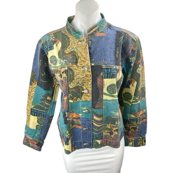 Chico's Multicolor Asian Dragon Patworks Print Button Down Denim Coat Jacket 1 - Picture 1 of 4